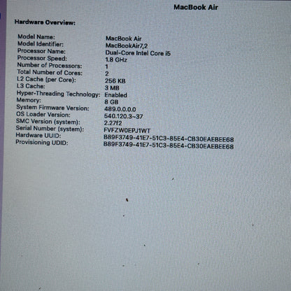 2017 Apple MacBook Air 13.3" i5 1.8GHz 4GB RAM 256GB SSD Silver A1466
