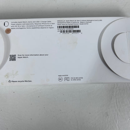 New GPS Only Apple Watch SE 2nd Gen 40MM Midnight Aluminum Ink Sport Loop MXEA3LL/A