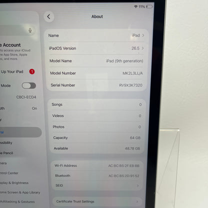 WiFi Only Apple iPad 9th Gen 64GB Silver MK2L3LL/A