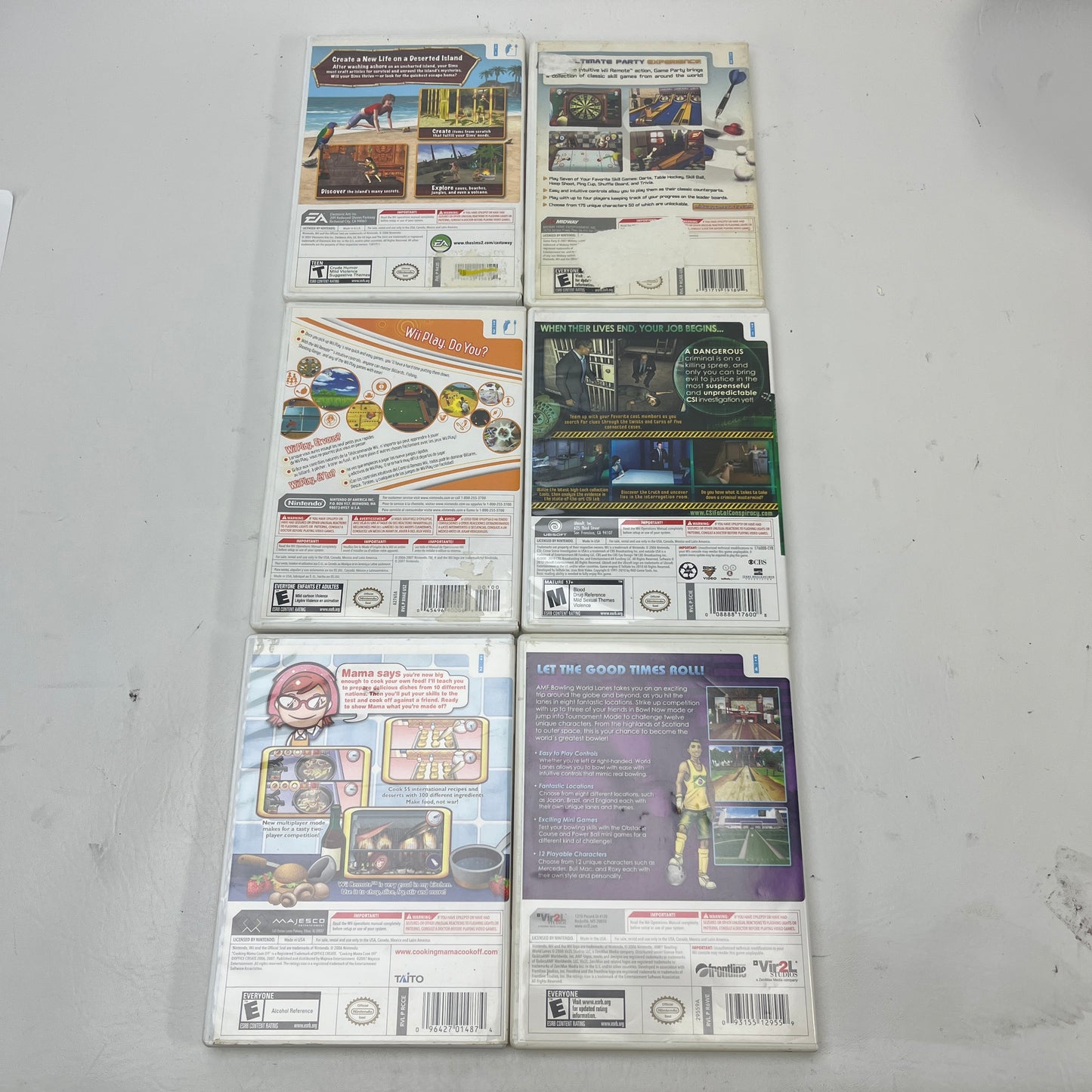 Lot of 6 Nintendo Wii Games Sims 2 Castaway Cooking Mama Wii Play CSI CIB Mix