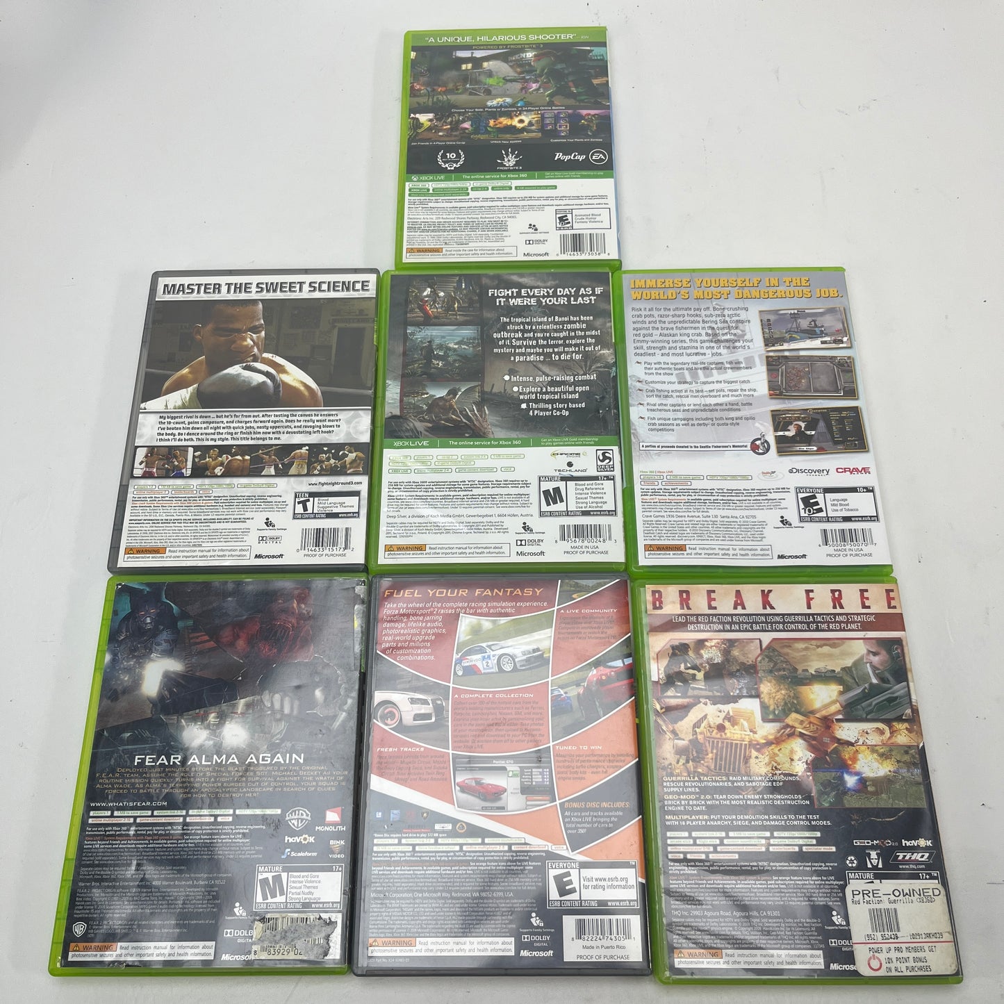 Lot of 7 Xbox 360 Games Dead Island Red Faction FEAR 2 Skate 3 Forza Fight Night