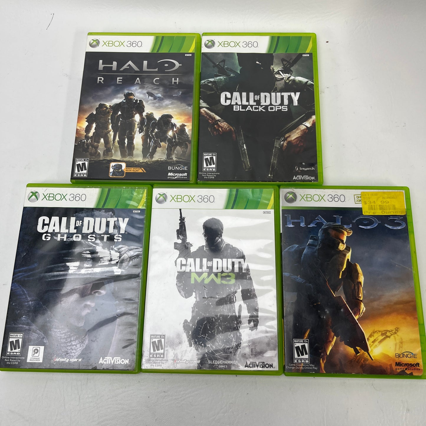 Lot of 5 Xbox 360 Games Halo Reach Halo 3 COD Black Ops Ghosts MW3 Bundle