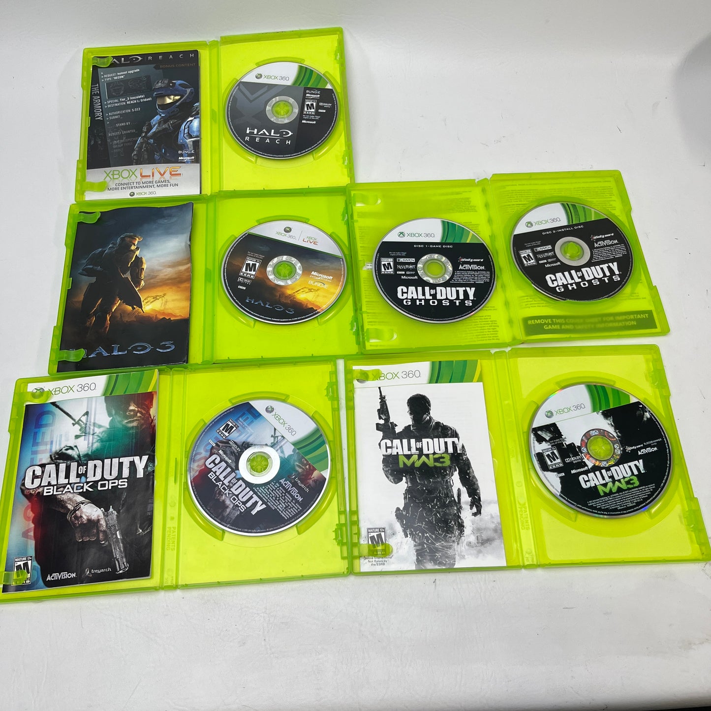 Lot of 5 Xbox 360 Games Halo Reach Halo 3 COD Black Ops Ghosts MW3 Bundle