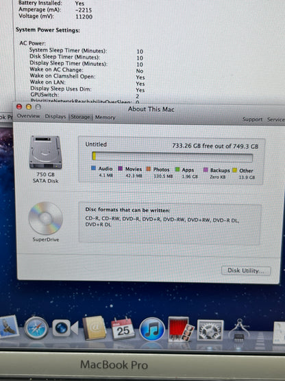 2011 Apple MacBook Pro 16" i7 2.5GHz 4GB RAM 1TB SSD Silver A1297