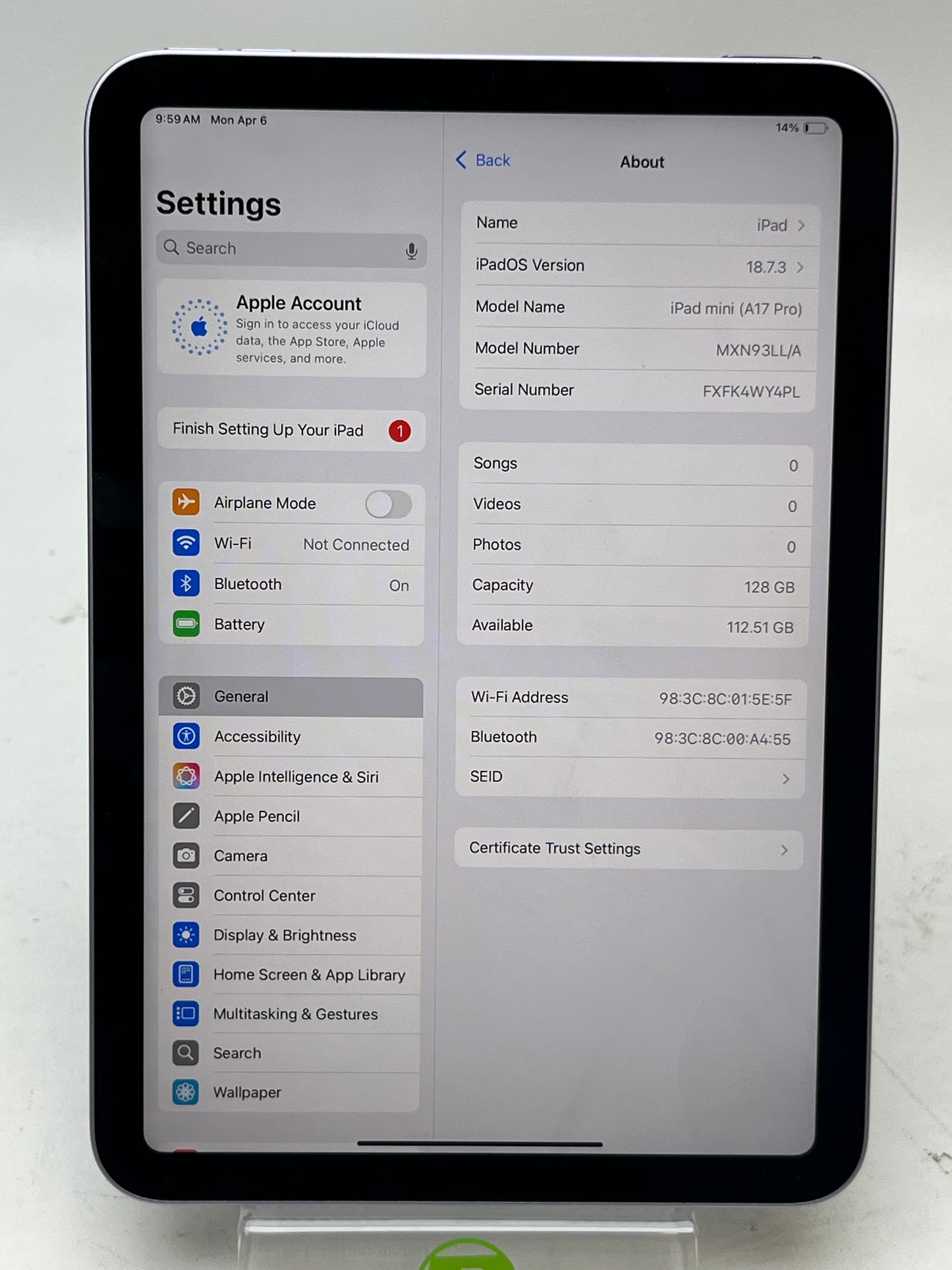 WiFi Only Apple iPad mini (A17 Pro) 512GB Space Gray MXN93LL/A