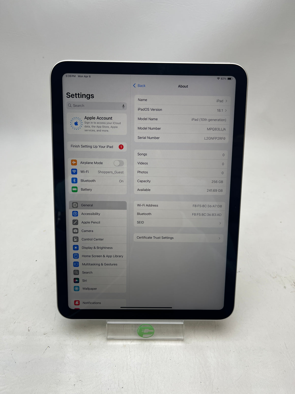 WiFi Only Apple iPad 10th Gen 256GB Silver MPQ83LL/A
