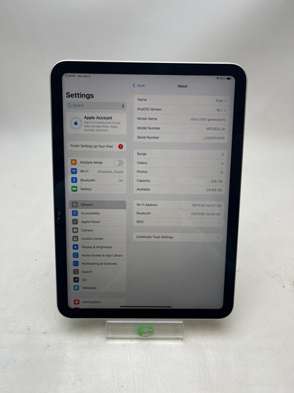 WiFi Only Apple iPad 10th Gen 256GB Silver MPQ83LL/A