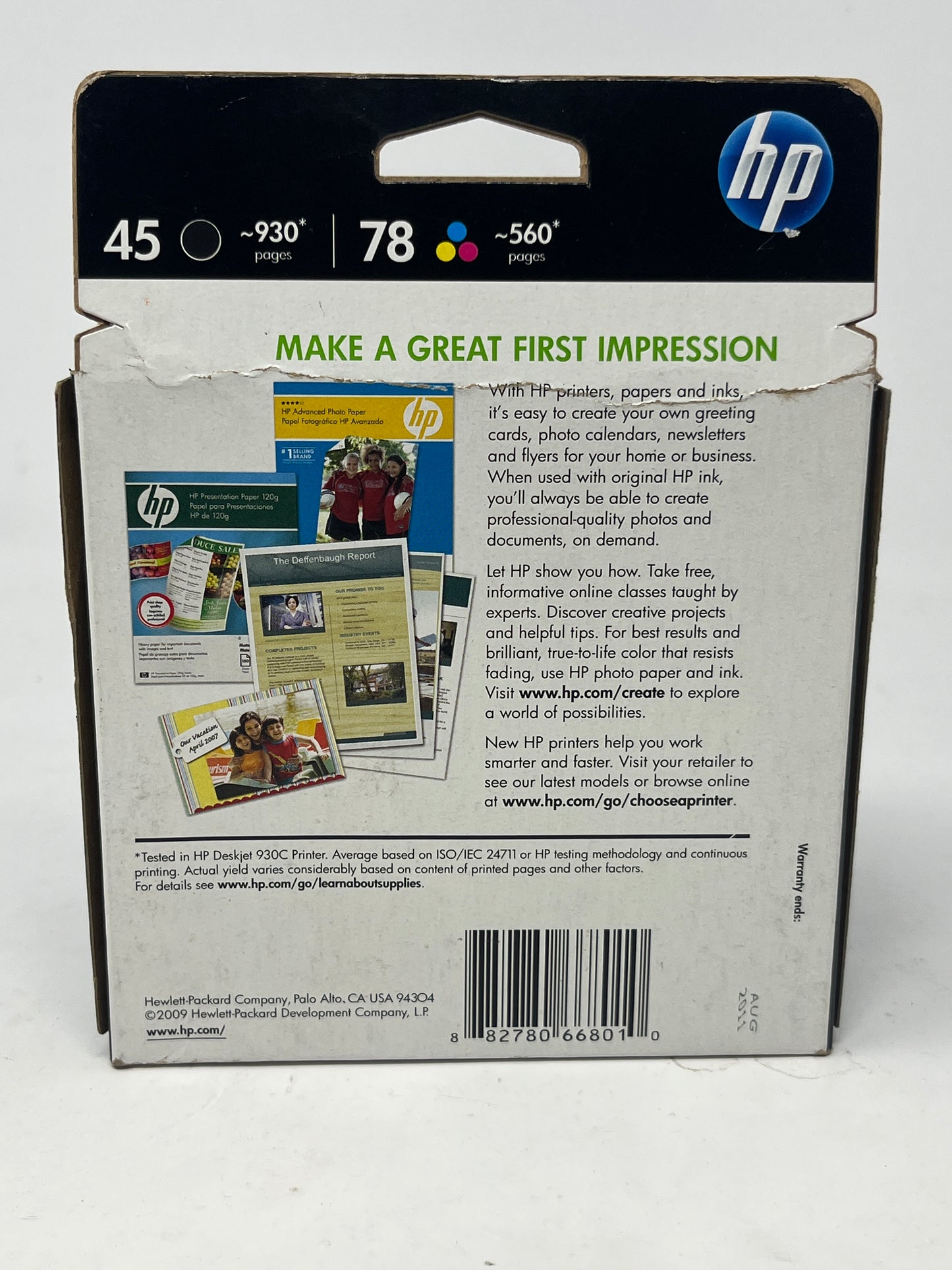 New HP 45 Black + Tri-Color Ink Cartridge Combo Pack HEWC8788FN