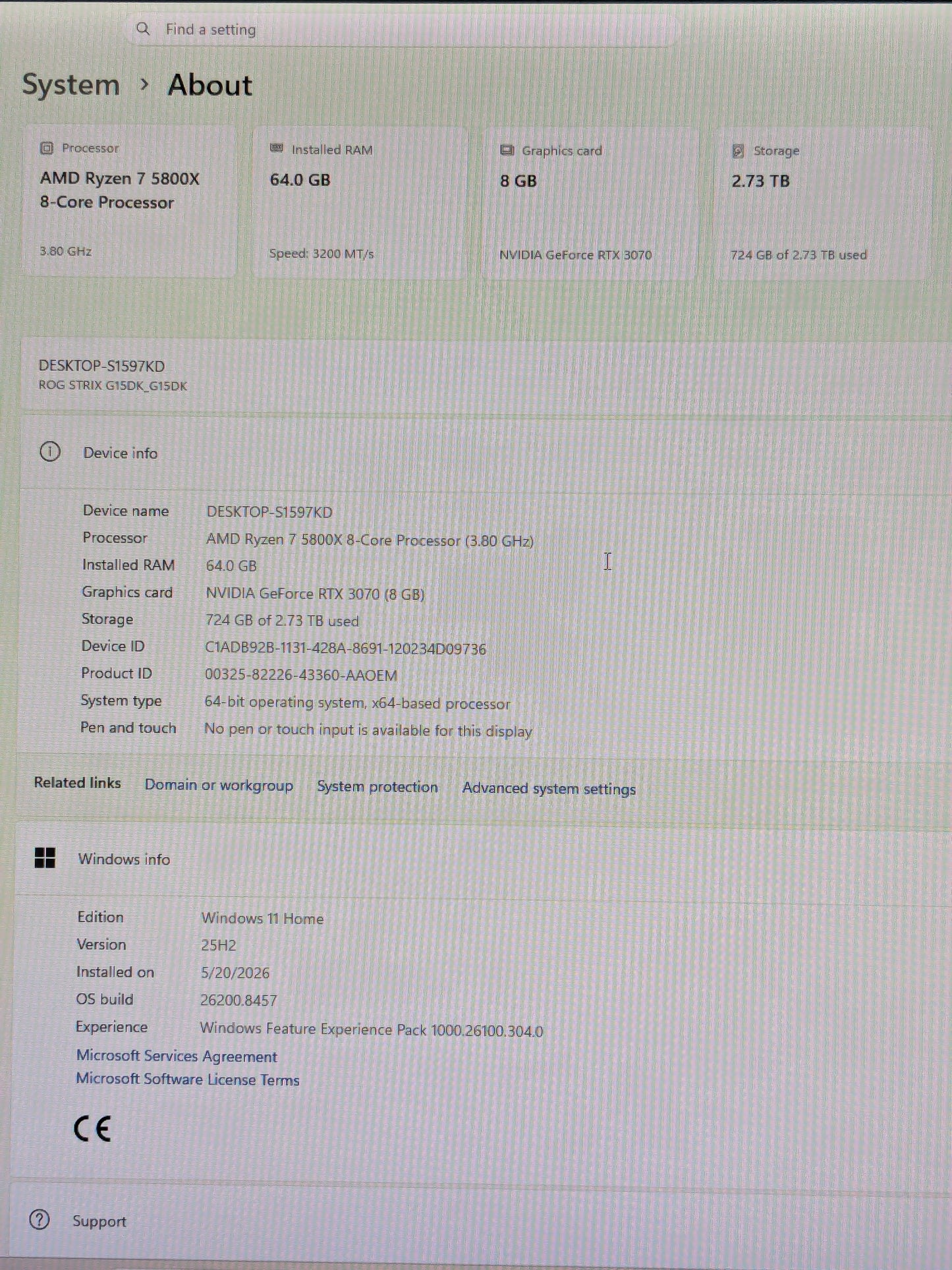 ASUS ROG Strix G15DK Ryzen 7 5800 X 3.80GHz 64GB RAM 1TB HDD 2TB SSD GeForce RTX 3070