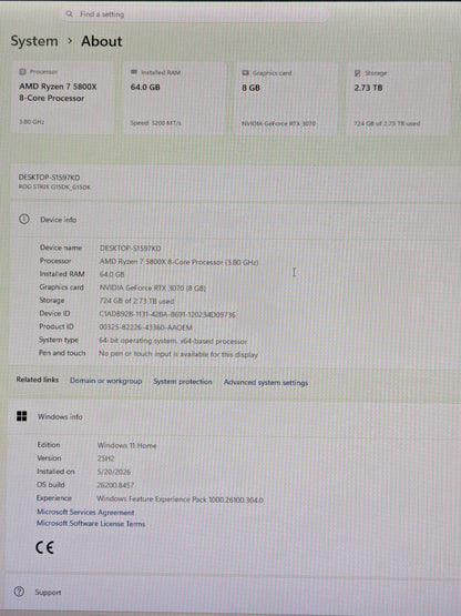 ASUS ROG Strix G15DK Ryzen 7 5800 X 3.80GHz 64GB RAM 1TB HDD 2TB SSD GeForce RTX 3070