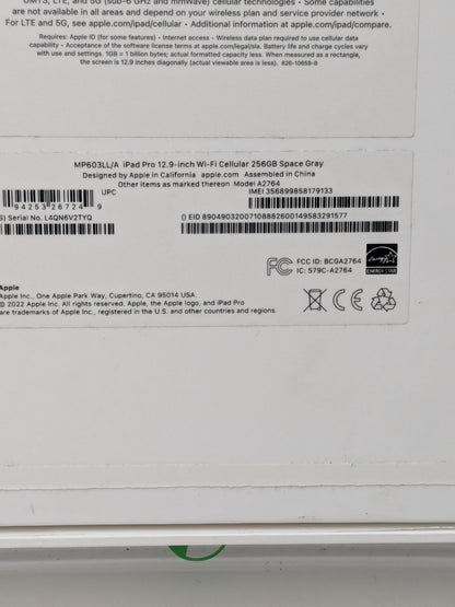 WiFi Only Apple iPad Pro 12.9" 6th Gen 256GB Space Gray MP03LL/A