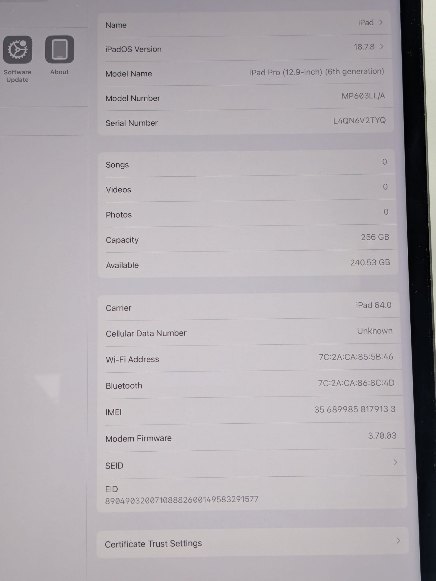 WiFi Only Apple iPad Pro 12.9" 6th Gen 256GB Space Gray MP03LL/A