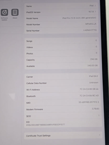 WiFi Only Apple iPad Pro 12.9" 6th Gen 256GB Space Gray MP03LL/A