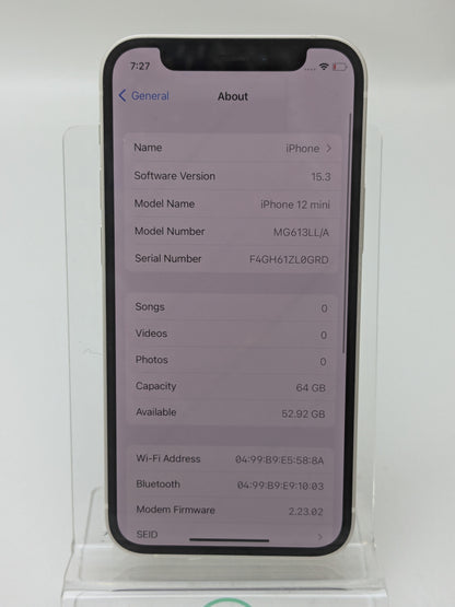 Factory Unlocked Apple iPhone 12 Mini 64GB White MG613LL/A