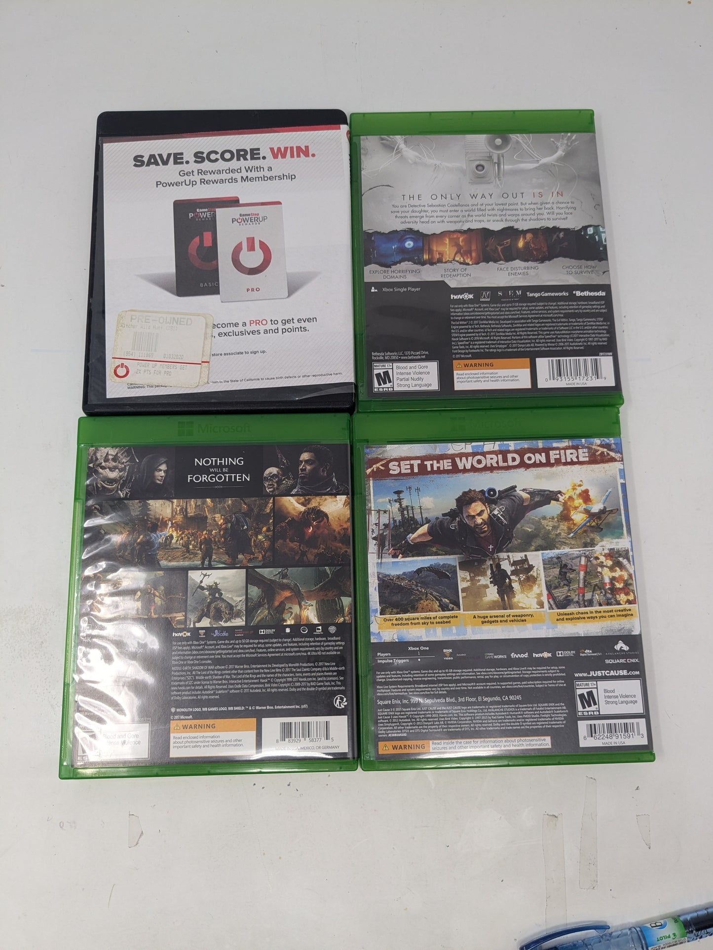 Lot of 4 Xbox One Game Witcher 3 Evil Within 2 Shadow of War Just Cause 3